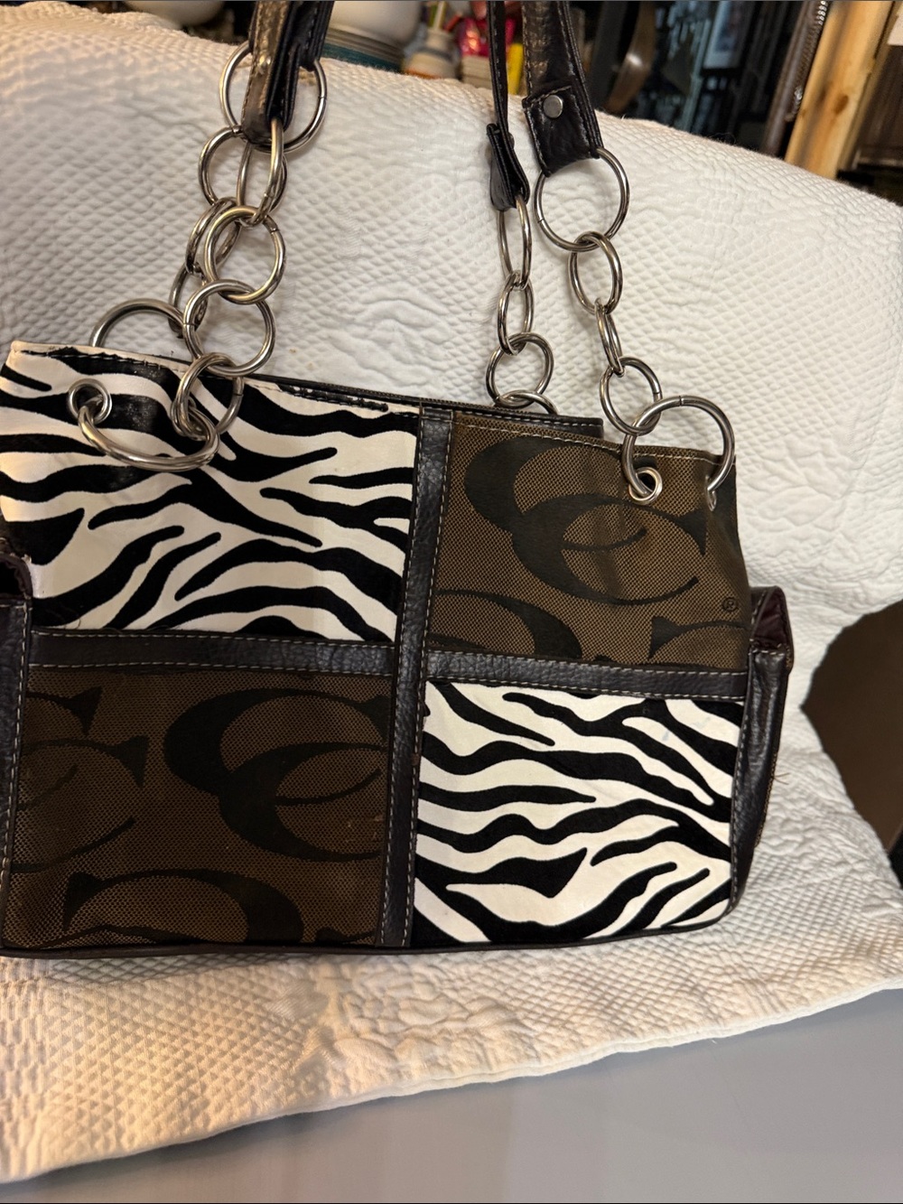 Zebra Patchwork Shoulder Tote in Brown/Black/White - Designer Logo Accent